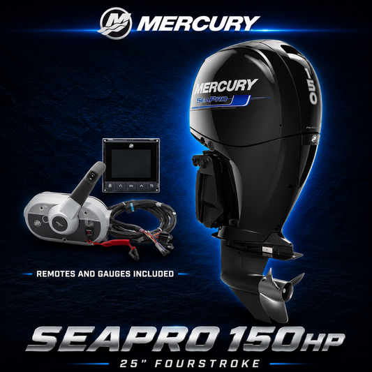 Mercury SeaPro 150hp outboard motor with remote control, digital gauge and cables included, 25 inch FourStroke, premium marine product display