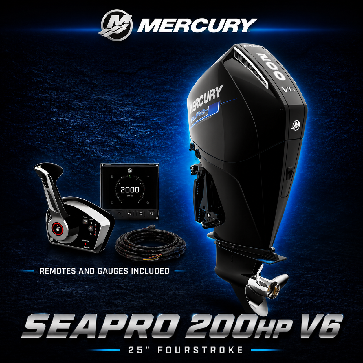 Mercury SeaPro 200hp V6 outboard motor with remote control, digital gauge and cables included, 25 inch FourStroke, premium marine product display