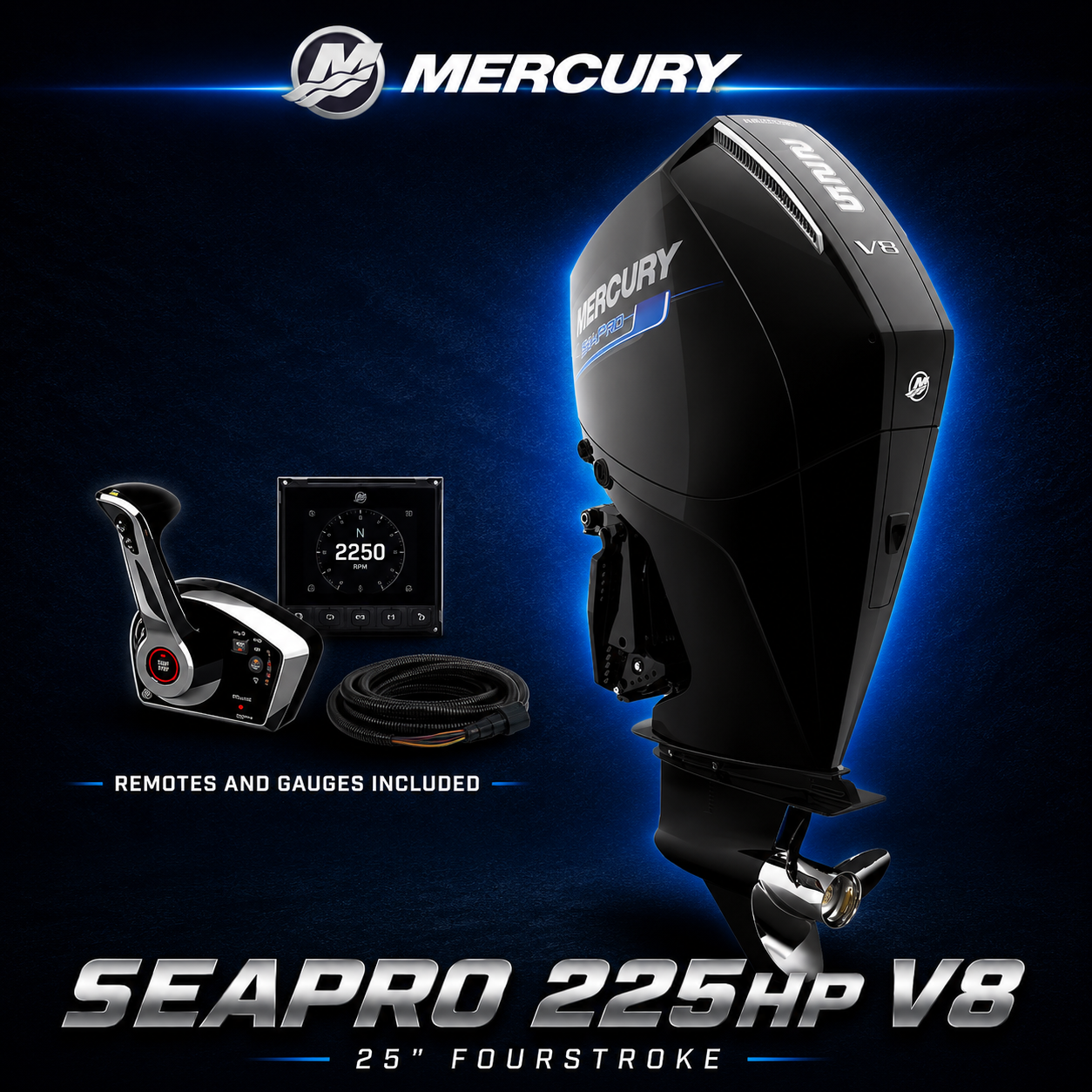 Mercury SeaPro 225hp V8 outboard motor with remote control, digital gauge and cables included, 25 inch FourStroke, premium marine product display