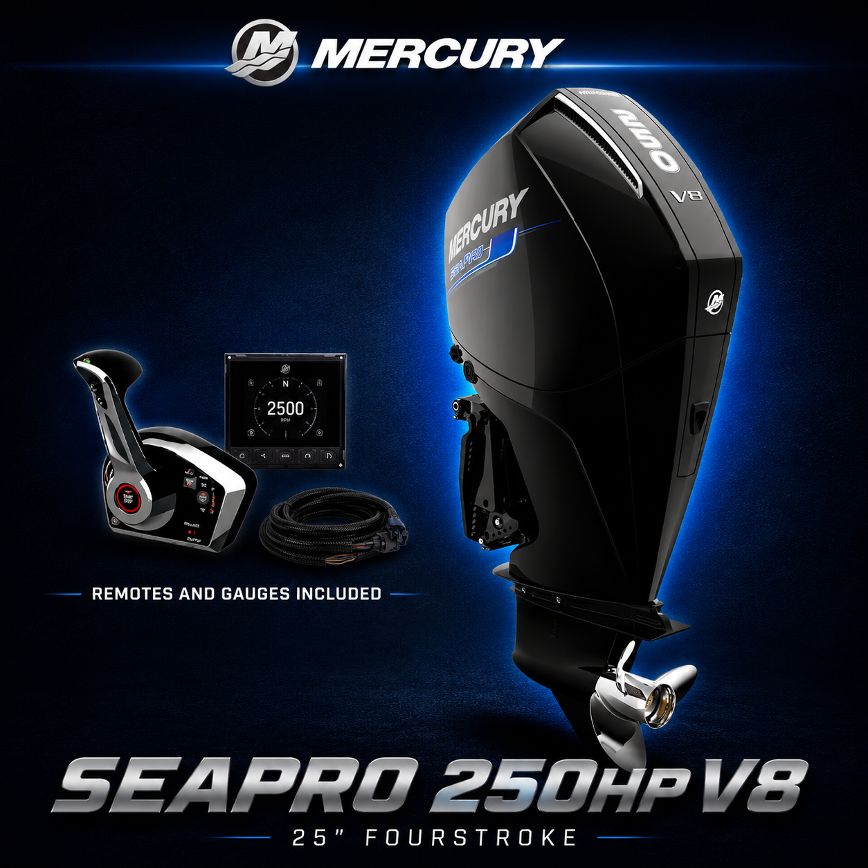 Mercury SeaPro 250hp V8 outboard motor with remote control, digital gauge and cables included, 25 inch FourStroke, premium marine product display