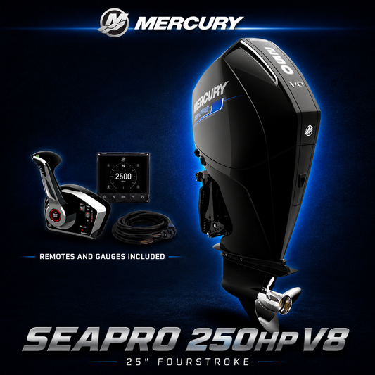 Mercury SeaPro 250hp V8 outboard motor with remote control, digital gauge and cables included, 25 inch FourStroke, premium marine product display
