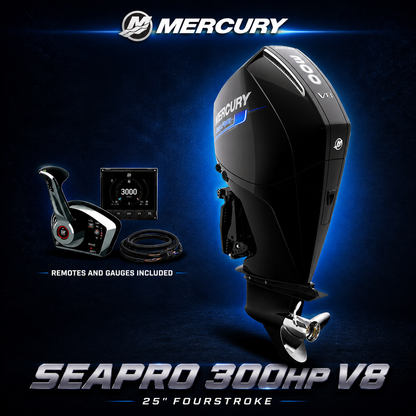 Mercury SeaPro 300hp V8 outboard motor with remote control, digital gauge, and cables on a dark navy background with blue glow, “Remotes and Gauges Included” text, premium marine product display.