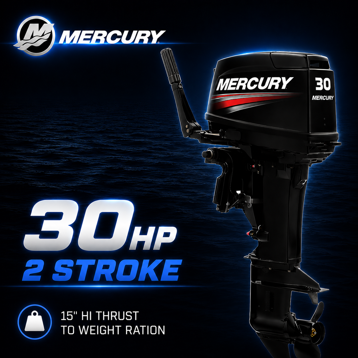 Mercury 30hp 2 Stroke tiller steer outboard motor with original Mercury graphics, 15 inch shaft, high thrust to weight ratio.