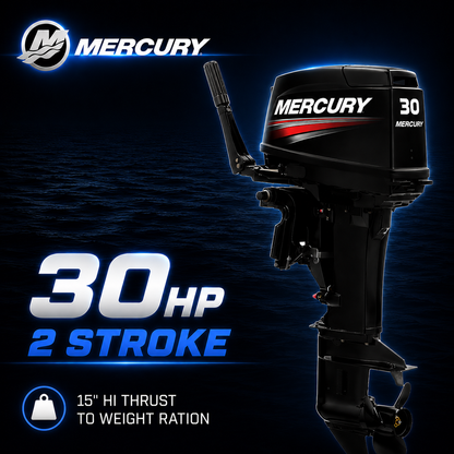 Mercury 30hp 2 Stroke tiller steer outboard motor with original Mercury graphics, 15 inch shaft, high thrust to weight ratio.