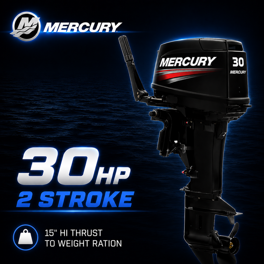 Mercury 30hp 2 Stroke tiller steer outboard motor with original Mercury graphics, 15 inch shaft, high thrust to weight ratio.