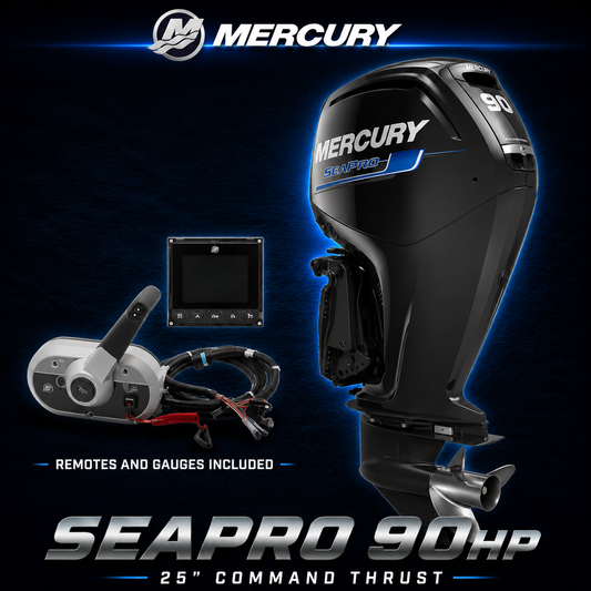 Mercury SeaPro 90hp Command Thrust outboard motor with remote control, digital gauge and cables included, 25 inch Command Thrust, premium marine display on dark blue background.