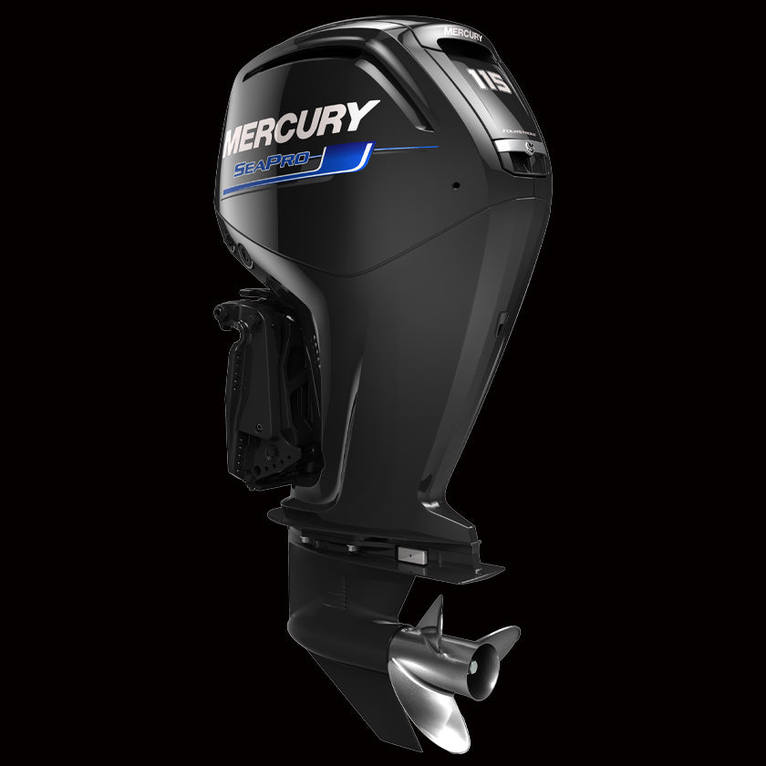 Mercury 115HP ELPT CT EFI SeaPro outboard at Warren Hay Marine, Whangārei. Commercial-grade 4-stroke with Command Thrust, EFI, electric start, and power trim.