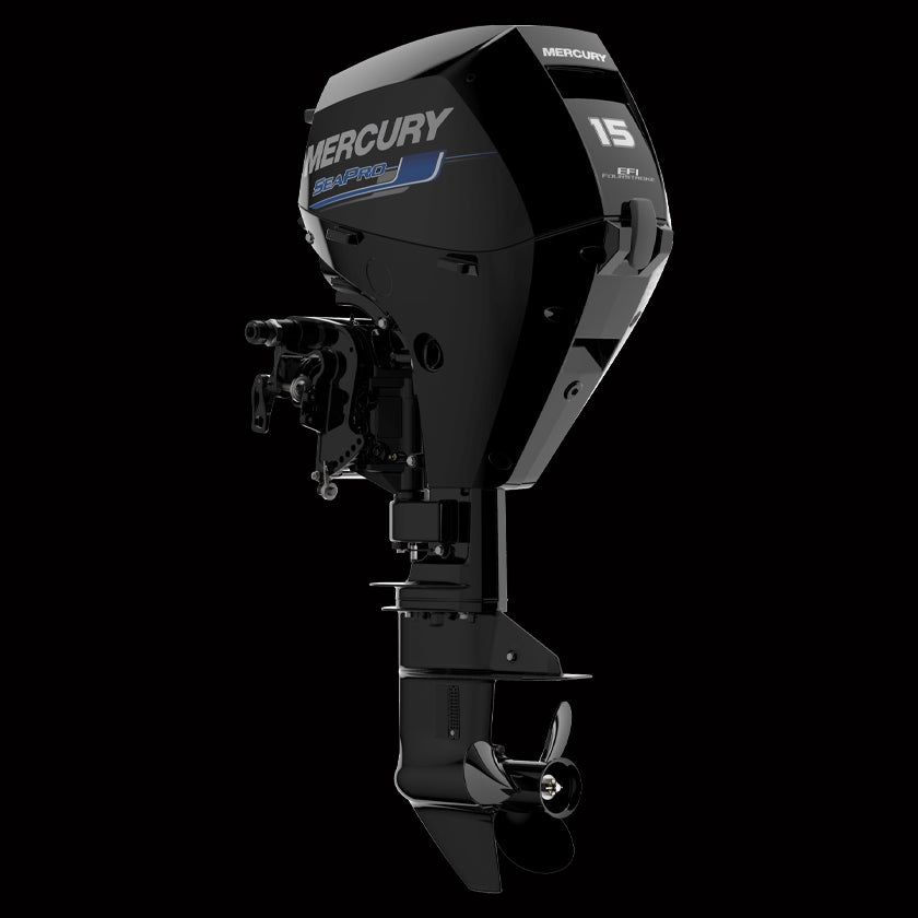 Mercury 15HP SeaPro outboard motor on display at Warren Hay Marine in Whangārei – compact 4-stroke engine with tiller handle and durable construction.