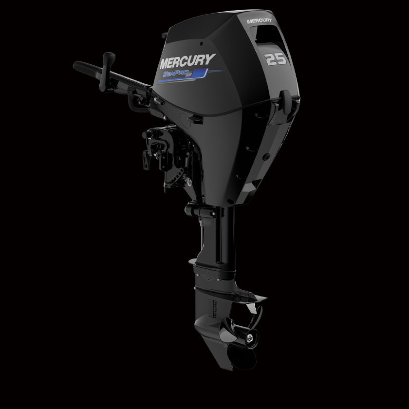Mercury 25HP SeaPro Forward Steer outboard with electric start and remote steering, designed for commercial marine use – available at Warren Hay Marine, Whangārei.