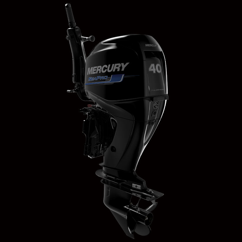 Mercury 40HP ELHPT EFI SeaPro Tiller outboard with electric start, power trim, and heavy-duty tiller handle – available at Warren Hay Marine in Whangārei.
