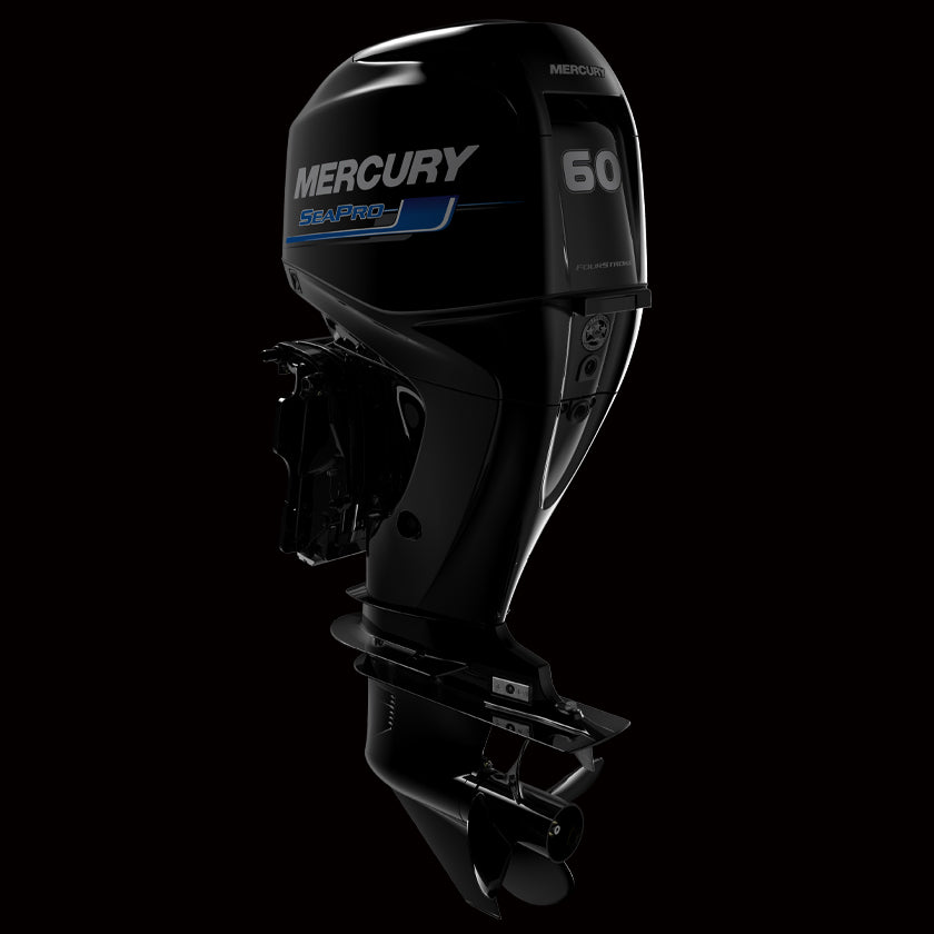 Mercury 60HP ELPT EFI SeaPro Tiller outboard with heavy-duty tiller handle, electric start, and power trim – available at Warren Hay Marine in Whangārei.