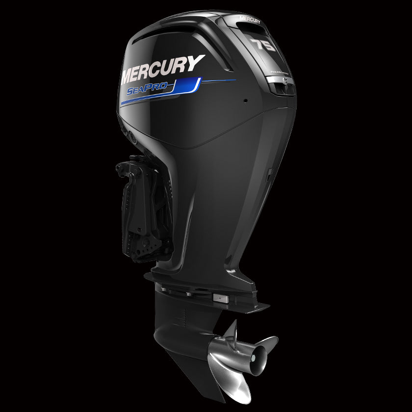Mercury 75HP ELPT CT EFI SeaPro Tiller outboard with Command Thrust gearcase, heavy-duty tiller, and power trim – available at Warren Hay Marine in Whangārei.