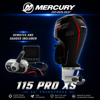 Mercury 115 Pro XS 20 inch fourstroke outboard motor with remote control, gauge display and wiring harness included on a dark blue premium marine background