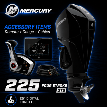 Mercury 225 FourStroke DTS outboard motor with digital throttle remote control, gauge and cables 