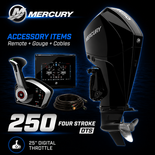 Mercury 250 FourStroke DTS outboard motor with digital throttle remote control, gauge and cables