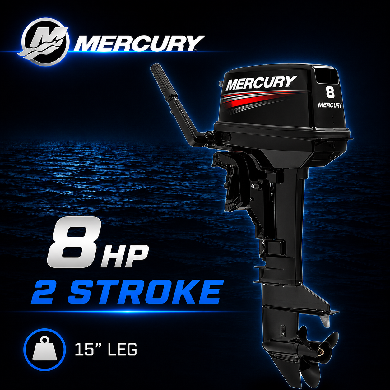 8hp Mercury outboard engine, 2 stroke, light weight and powerful