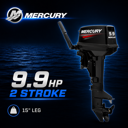 Mercury 9.9hp 2 Stroke outboard motor with original Mercury graphics, 15 inch leg