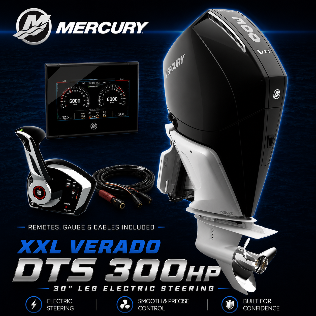 Mercury XXL Verado DTS 300hp V8 outboard motor with remote control, digital gauge and cables included, 30 inch leg with electric steering.