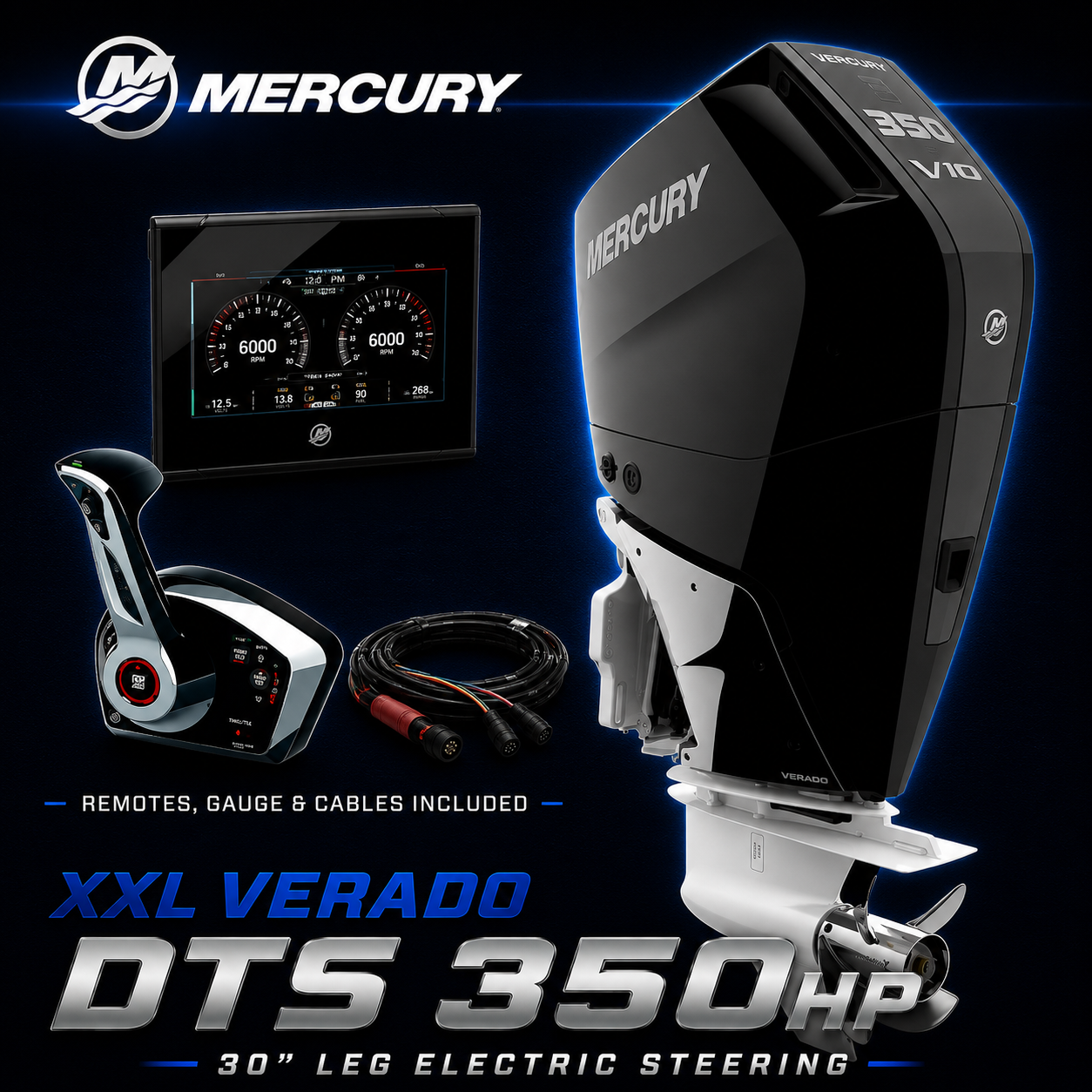 Mercury XXL Verado DTS 350hp outboard motor with remote control, digital gauge and cables included, 30 inch leg with electric steering.