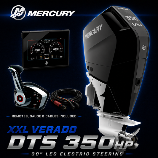 Mercury XXL Verado DTS 350hp outboard motor with remote control, digital gauge and cables included, 30 inch leg with electric steering.