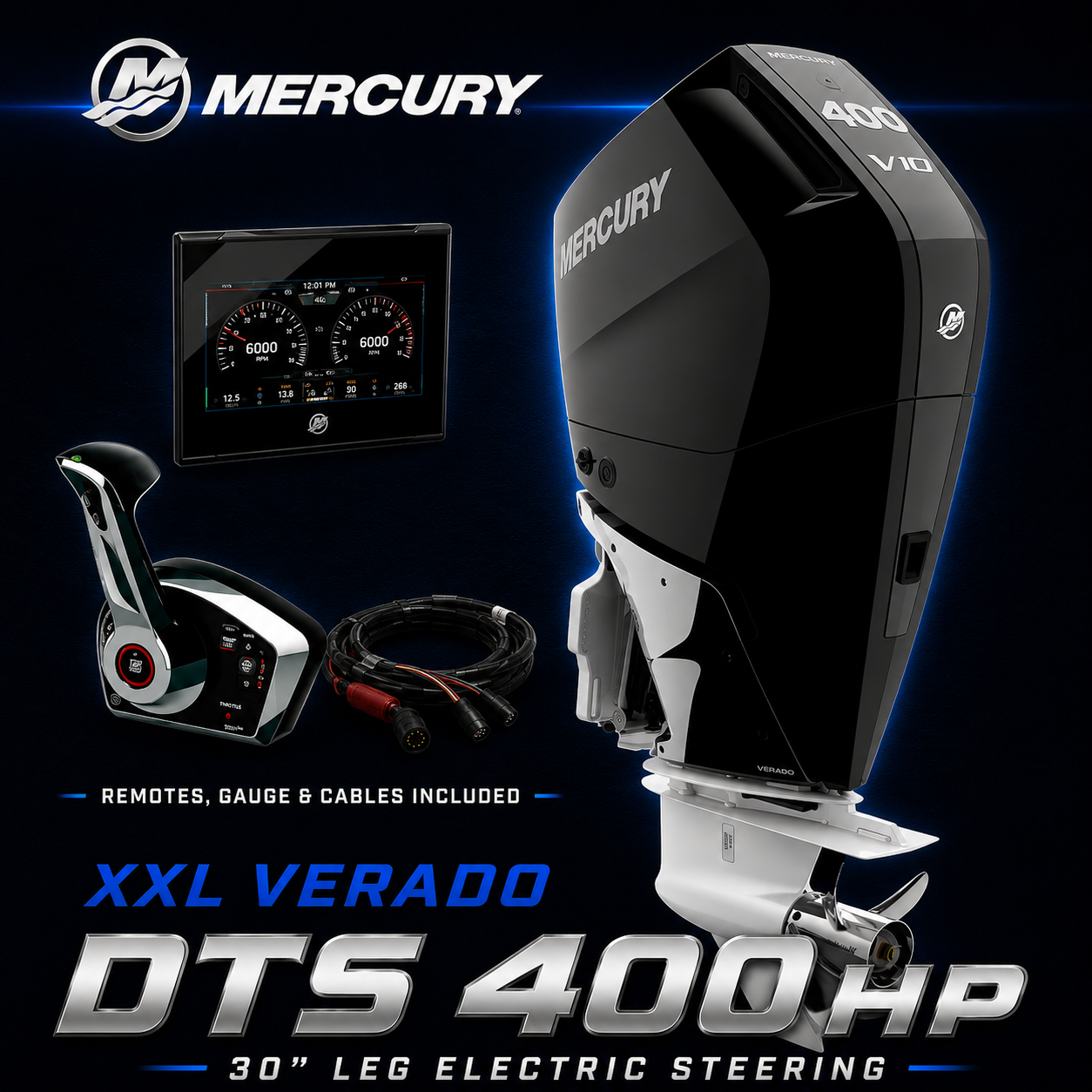 Mercury XXL Verado DTS 400hp outboard motor with remote control, digital gauge and cables included, 30 inch leg with electric steering