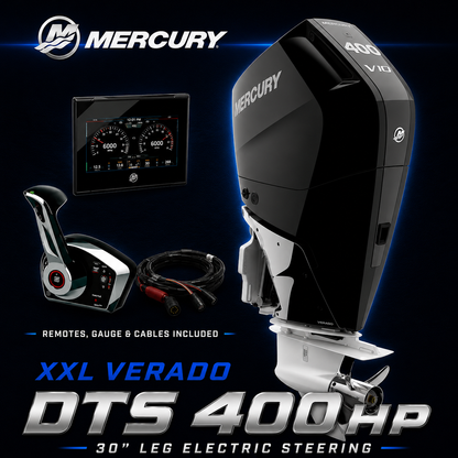 Mercury XXL Verado DTS 400hp outboard motor with remote control, digital gauge and cables included, 30 inch leg with electric steering