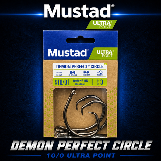 Mustad Demon Perfect Circle Hook 10/0 UltraPoint black nickel ringed circle hook for marlin tuna kingfish and game fishing