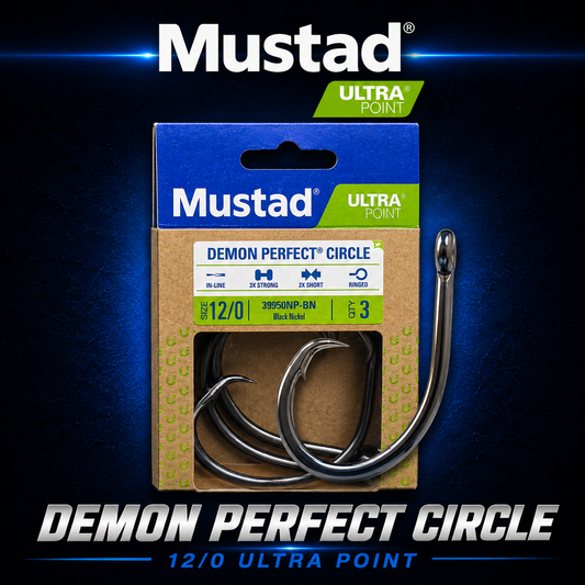 Mustad Demon Perfect Circle Hook 12/0 Ultra Point 39950NP-BN heavy duty ringed game fishing hook for marlin tuna and swordfish