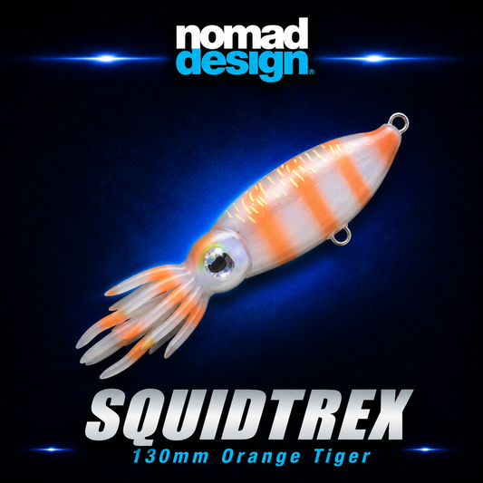 Squidtrex 130mm Orange tiger, Soft fishing lure, Warren Hay Marine, Whangarei 