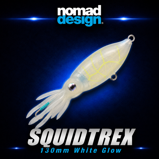 Nomad SquidTrex 130mm White glow, Soft fishing lure, Warren Hay Marine