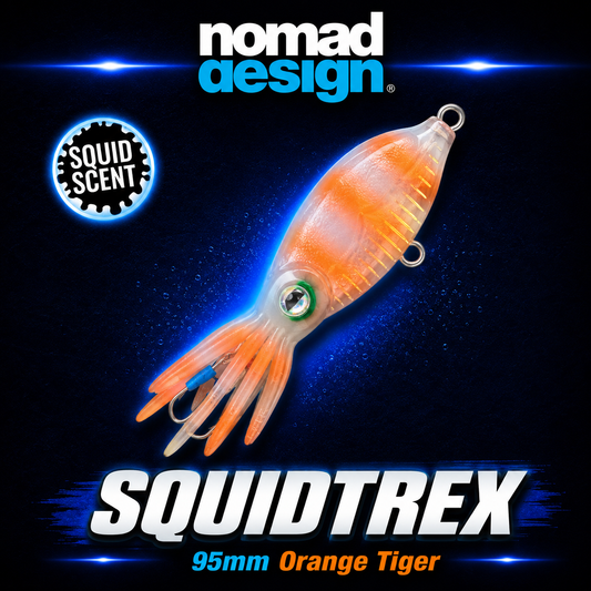 Nomad SSquidtrex 95mm Orange Tiger, Soft fishing lure, Warren Hay Marine