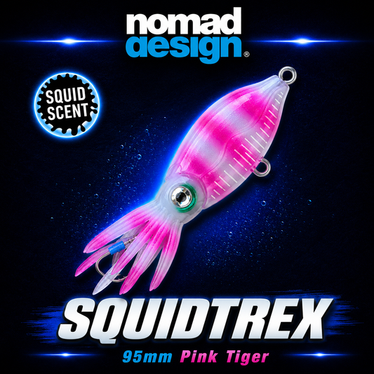 Nomad Squidtrex 95mm Pink Tiger, Soft fishing lure, Warren Hay Marine