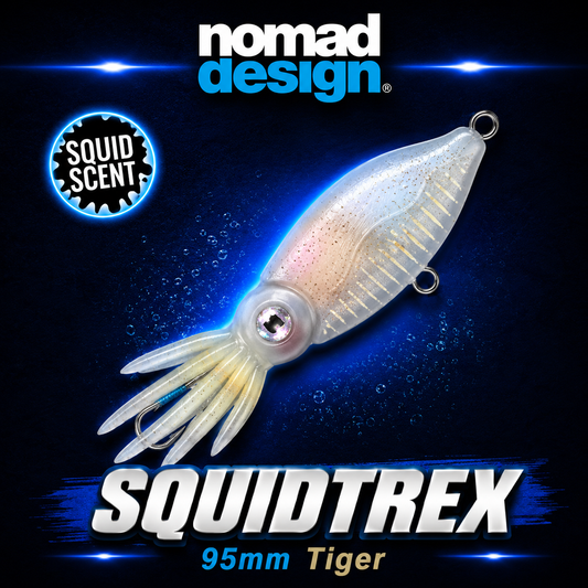 Nomad Squitrex 95mm Tiger, Soft fishing lure, Warren Hay Marine