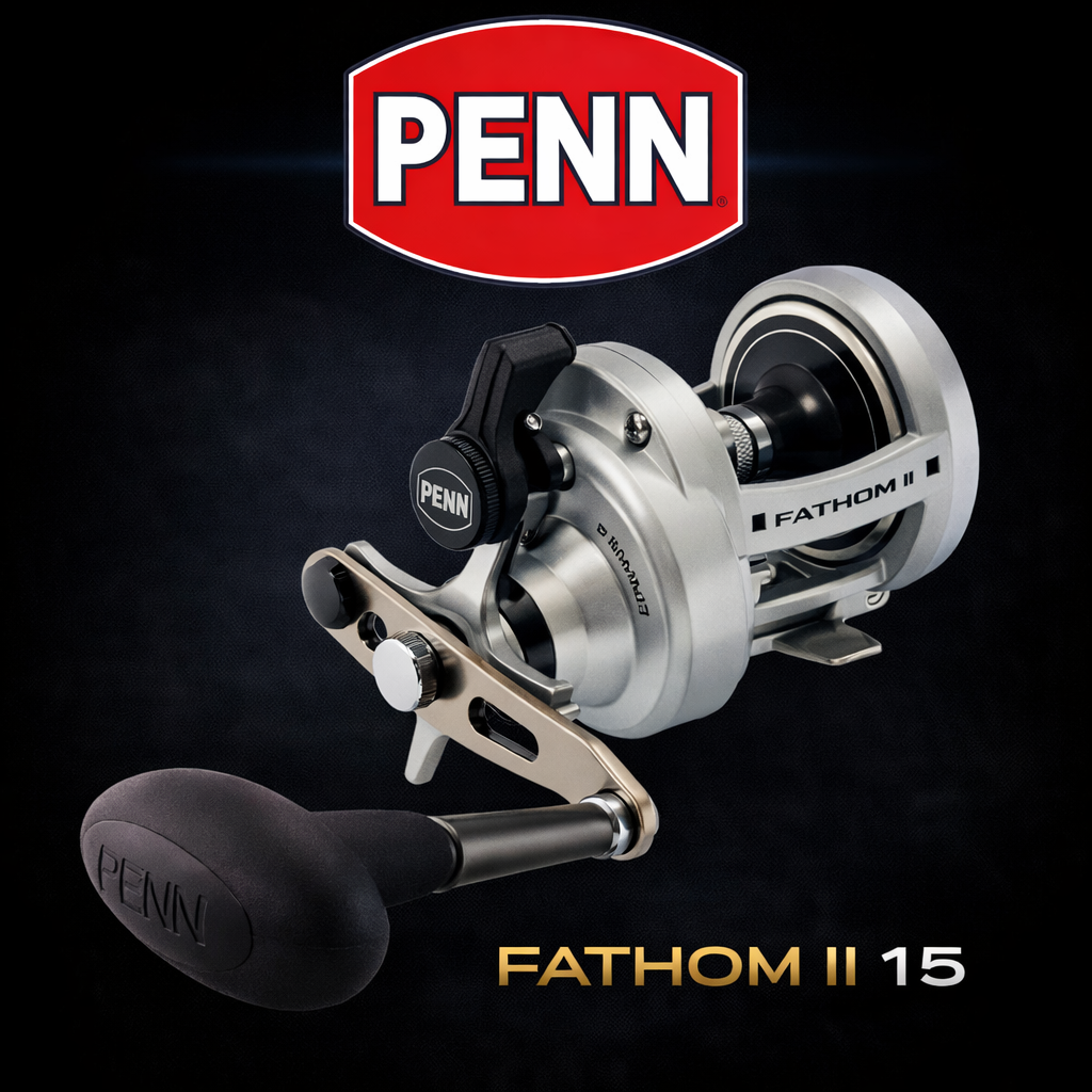 Penn Fathom II 15 lever drag fishing reel on black background, overhead reel for offshore saltwater fishing