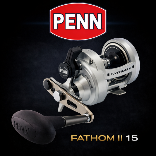 Penn Fathom II 15 lever drag fishing reel on black background, overhead reel for offshore saltwater fishing