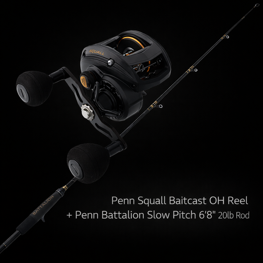 Penn Squall baitcast overhead reel paired with Penn Battalion slow pitch 6ft 8in 20lb jigging rod on black background