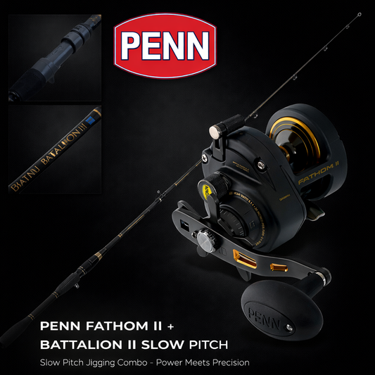 Penn Fathom II 8XNSD overhead reel paired with Penn Battalion II 30lb slow pitch jigging rod on black background