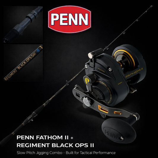 Penn Fathom II 8XNSD overhead reel paired with Penn Regiment Black Ops II slow pitch jigging rod