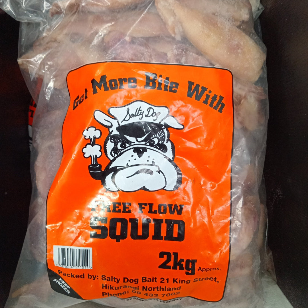 Salty Dog 2kg Free Flow Frozen Squid – premium snap-frozen bait, available at Warren Hay Marine.