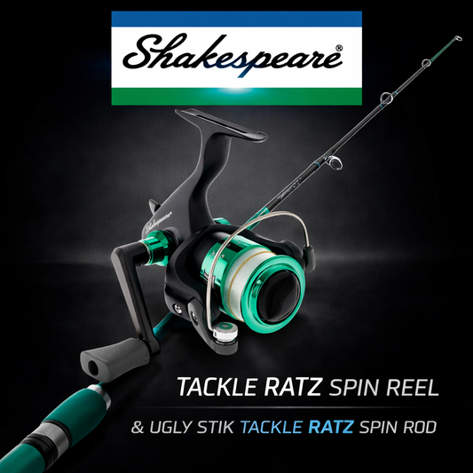 Green Shakespeare Tackle Ratz reel with Ugly Stik Tackle Ratz kids fishing rod