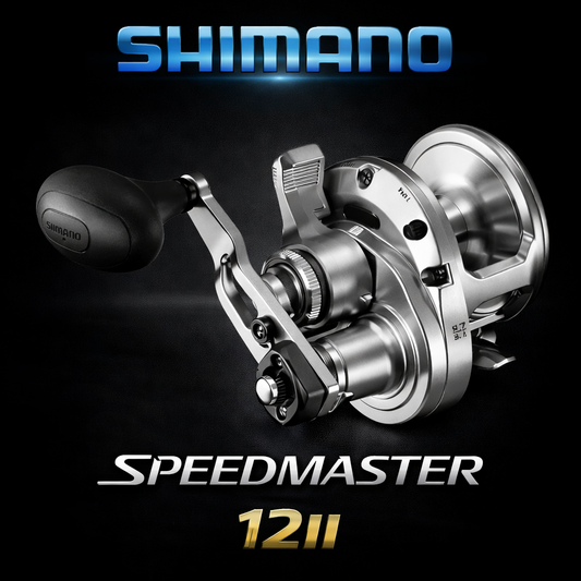Shimano SpeedMaster 12II overhead fishing reel on black background with Shimano logo, high-performance two-speed game reel