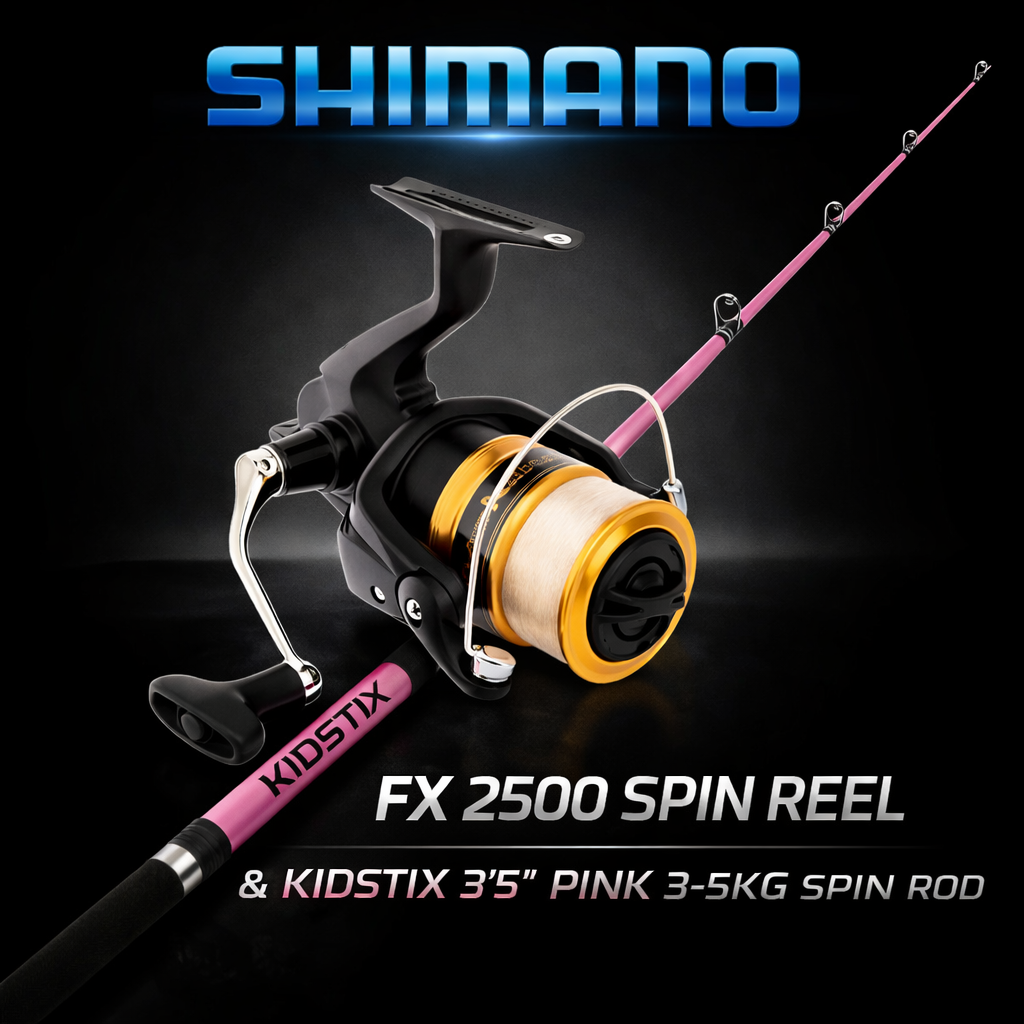 Shimano FX 2500 spinning reel with KidStix 3 foot 5 pink fishing rod