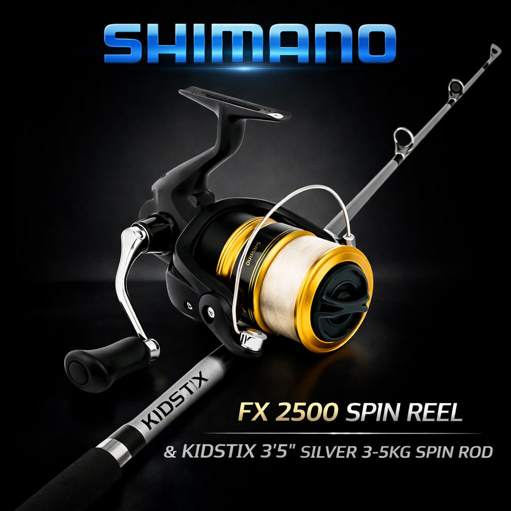 Shimano FX 2500 spinning reel with KidStix 3 foot 5 Silver fishing rod