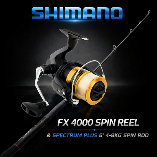 Shimano FX 4000 spinning reel with Spectrum Plus 6 foot 4-8kg fishing rod on black background