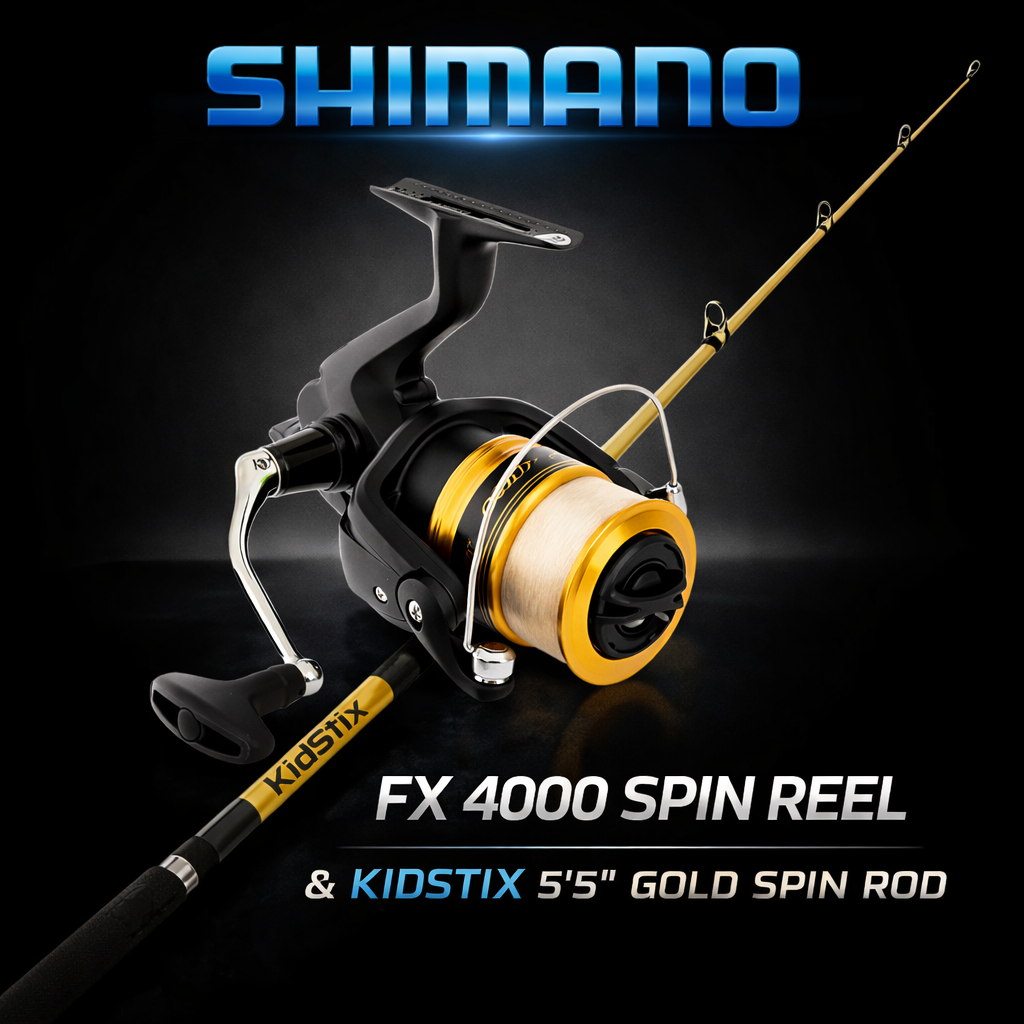 Shimano FX 4000 spinning reel with KidStix 5'5 inch gold fishing rod