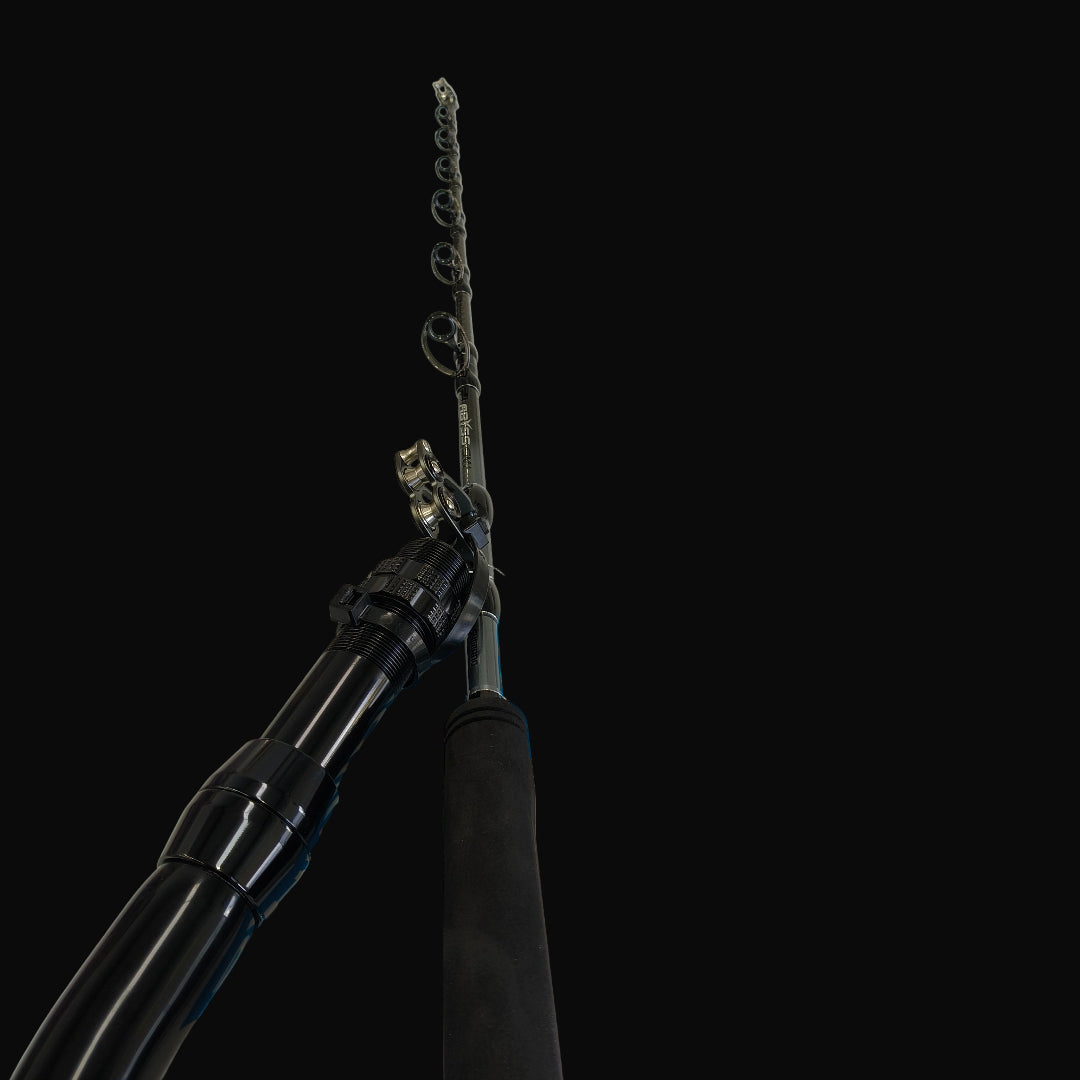 Shimano Tiagra 50WLRS game fishing reel and Shimano Abyss 80lb twin butt rod with Alps roller feeder guide and roller tip. 