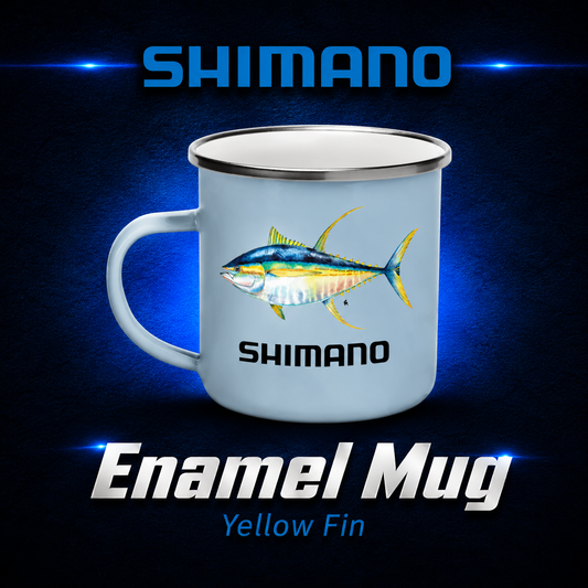 Shimano Yellowfin Enamel Mug featuring detailed Yellowfin Tuna artwork and Shimano logo on a durable enamel camping mug.