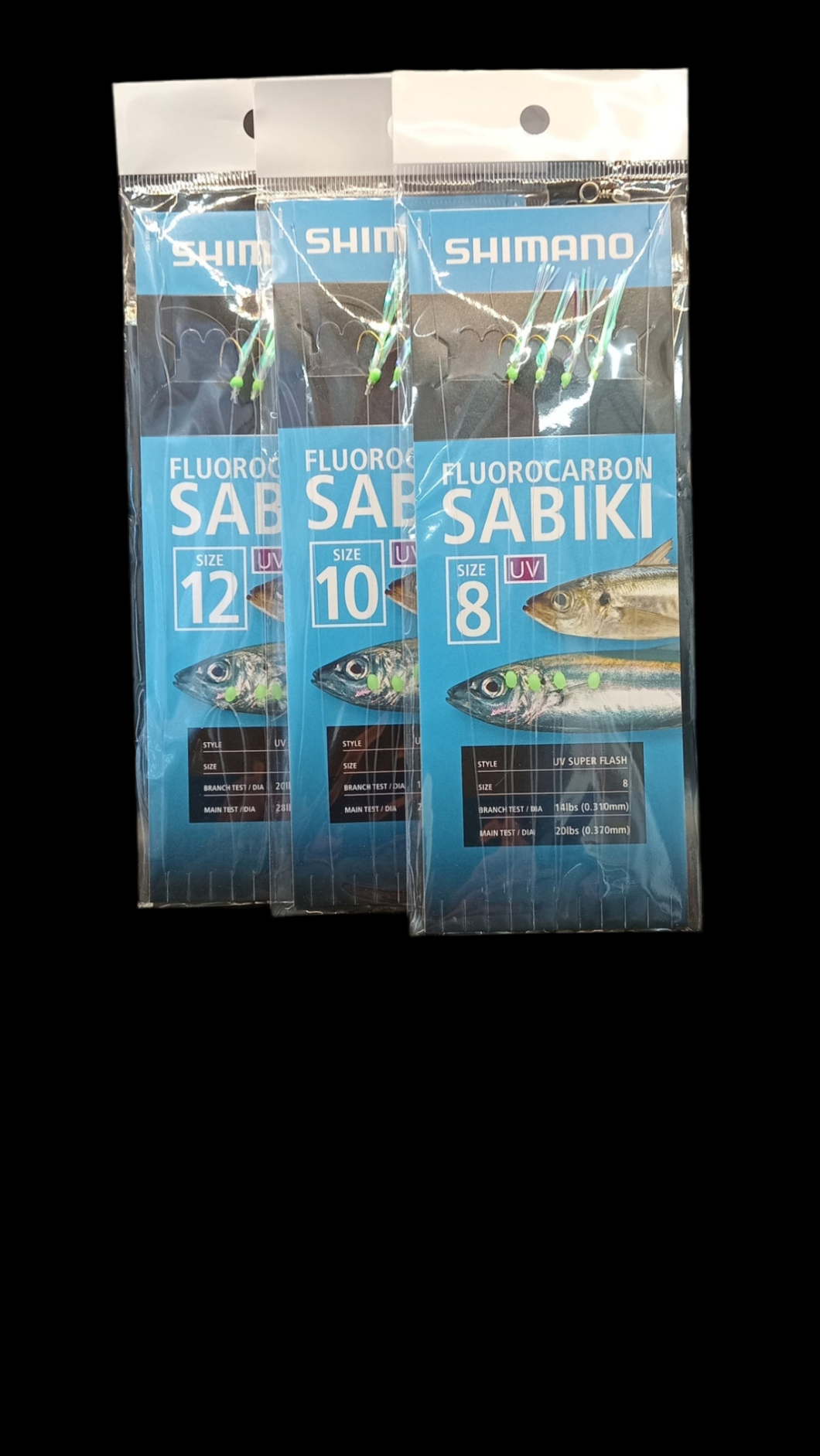 Shimano Fluorocarbon Sabiki UV Super Flash rig with glowing UV flash fibers and fluorocarbon leader