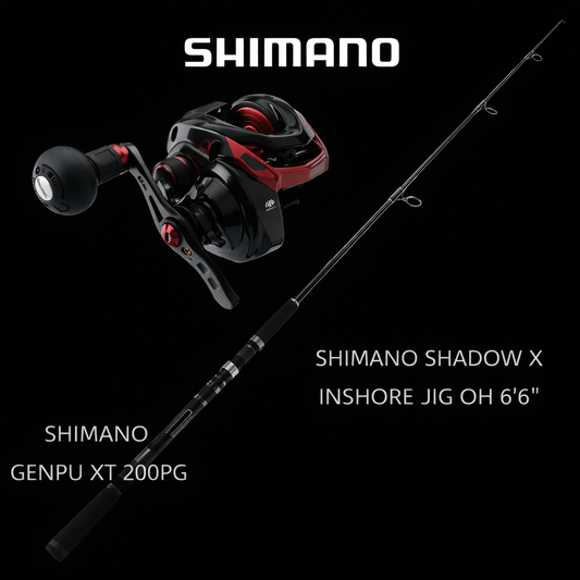 Shimano Genpu XT 200PG overhead reel with Shimano Shadow X 6ft 6in inshore jig overhead rod fishing combo