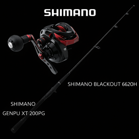 Shimano Genpu XT 200PG overhead reel paired with Shimano Blackout 662OH jigging rod combo